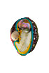 brooch: fabrics, abelone shell, snail shells, fresh water pearls, glass beads