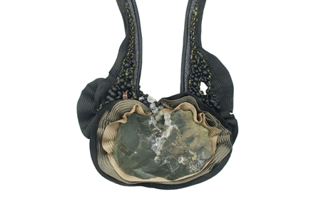 necklace: fabrics, basalt, quartz, glass beads